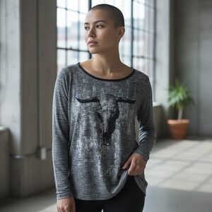 Rock & Republic Longhorn Skull Knit Top Womens L Gray Western Festival Y2K